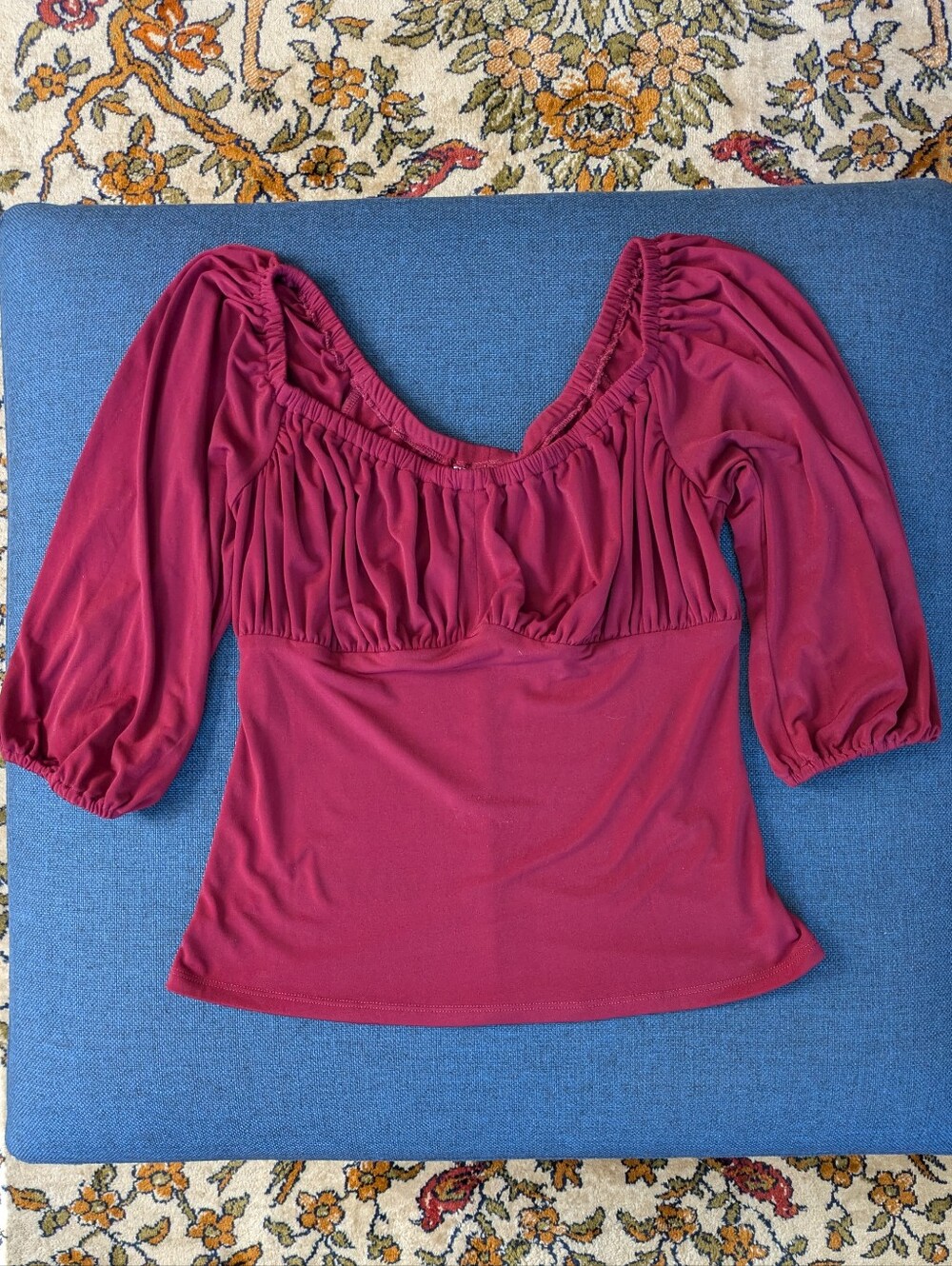 Vixen by Micheline Pitt Vacation Blouse in Dark Red Rose Ruched Peasant Top - Picture 3 of 8